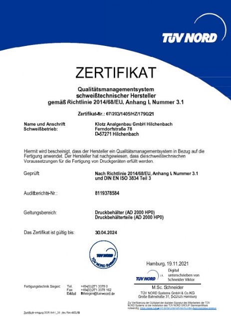 Zertifikat TÜV Nord - AD 2000-Merkblatt HPO